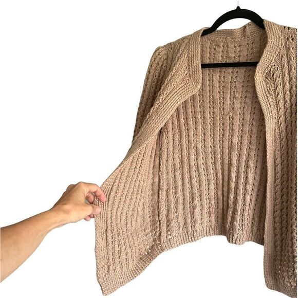 Hand KNIT Open Front Cardigan Sweater Taupe M - Picture 3 of 5